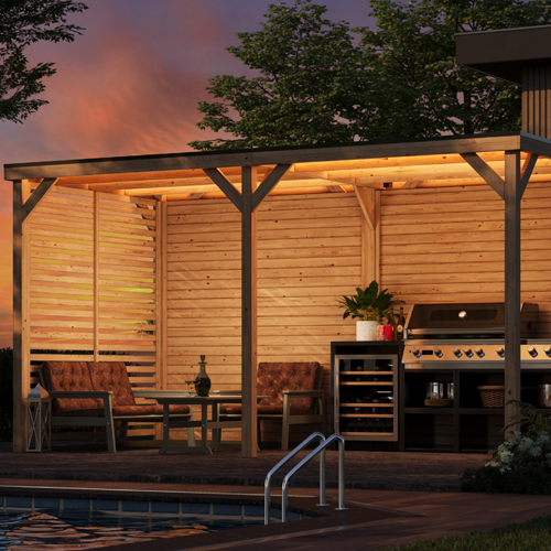 Karibu WM Aktion: Pavillons mit Holzbar & Outdoor Beleuchtung