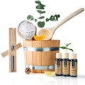 Liebenstein 7-teiliges Premium-Komplettset – Lärchenholz Saunaeimer mit Kelle, 3 x Sauna-Aufguss, Sanduhr & Hygro-/ThermometerVorschaubild