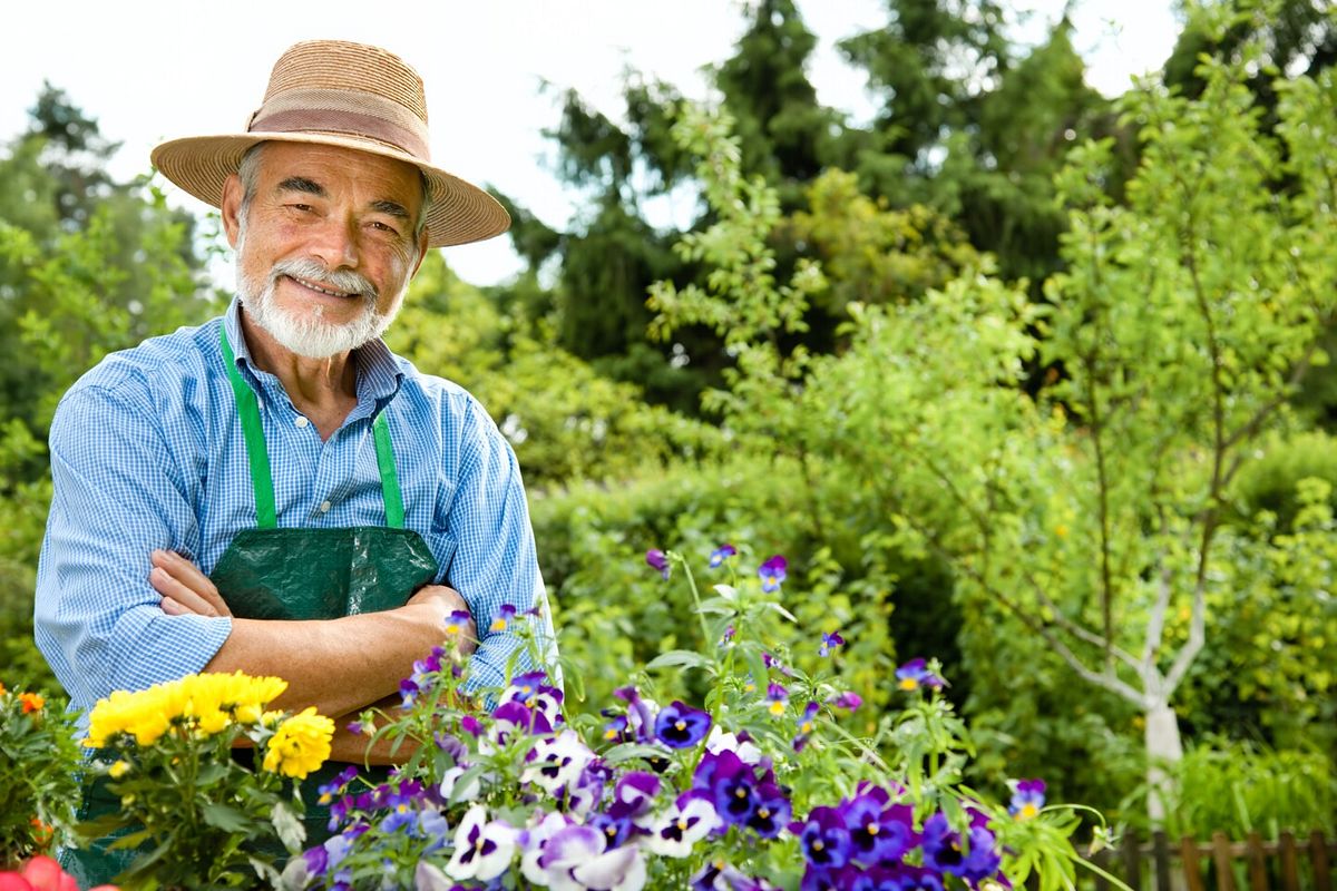 Gärtner im Garten mit bunten Blumen