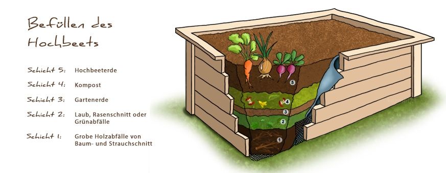 Hochbeet Skizze: richtiger Aufbau der Schichten