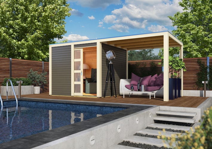 Karibu Gartenhaus Qubic 1 mit Schiebetür und 240 cm Anbaudach - 19 mm