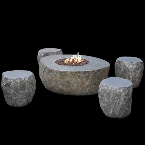 Gardenforma Sitzgruppen-Set: Gas Feuerstelle Vesuv in Basaltoptik aus Faserbeton & 4x Hocker