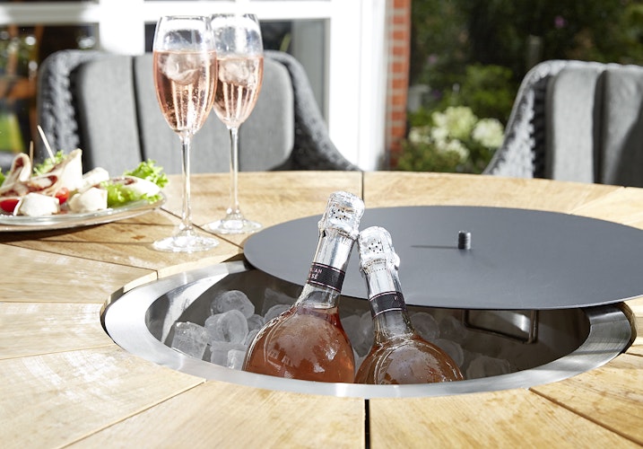 Diamond Garden Dining-Set LYON / KORFU, Tisch + 6 Stühle + Flaschenkühler, Edelstahl Dunkelgrau/ Teak / Rope / Sunproof (100 % Polypropylen)