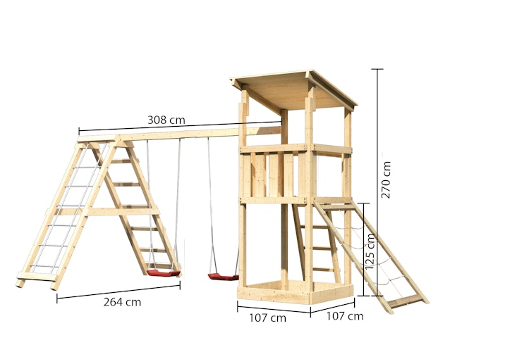 Akubi Kinderspielturm Anna mit Pultdach inkl. Netzrampe, Doppelschaukel und Klettergerüst