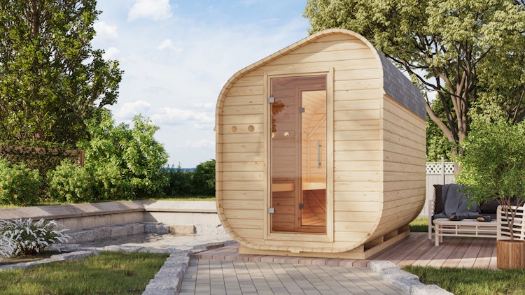 Karibu Saunahaus Fasssauna Asymmetrisch 3 - 38 mm inkl. gratis Sauna-Zubehörset im Wert von 234,94 €