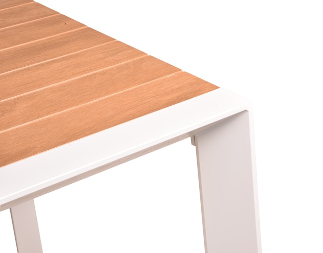 Garden Pleasure Gartenmöbel Set VENICE 02, Tisch 200 x 100 + 6 Stapelssessel, Alu Weiß / Nonwood Teak-Optik / Kunststoffgewebe Hellgrau