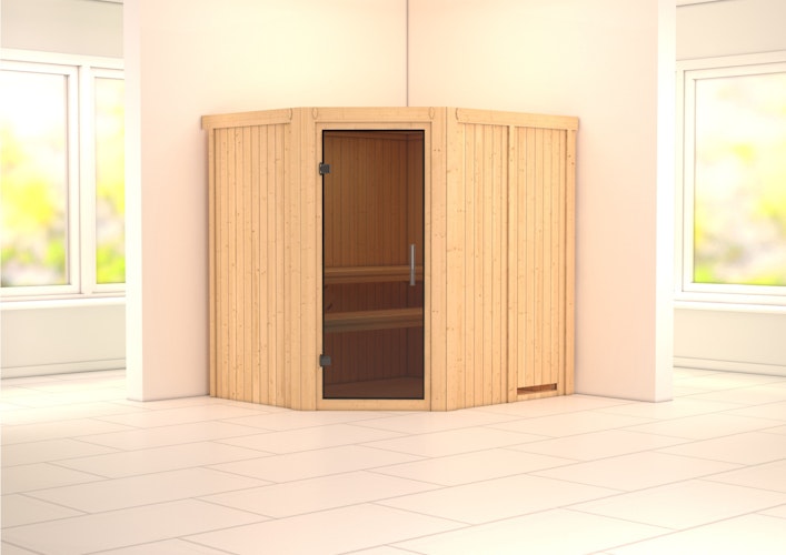Karibu Sauna Siirin mit Eckeinstieg 68 mm inkl. 5-teiligem Gratis-Zubehörpaket im Wert von 100 €