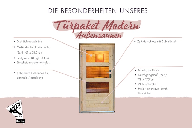 Karibu moderne Türe für Außensauna mit Klarglas-Lichtausschnitten