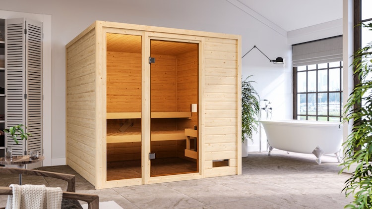 Karibu Woodfeeling Sauna Jutta - 38 mm Massivholz Aktionssauna inkl. gratis Sauna-Zubehörset im Wert von 234,94 €