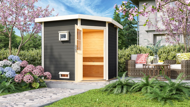 Karibu Gartensauna Pultdach Saunahaus Mikka mit Eckeinstieg terragrau inkl. gratis Sauna-Zubehörset im Wert von 234,94 €