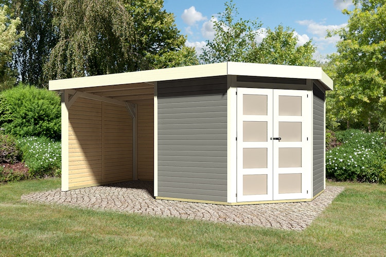 Karibu Gartenhaus Goldendorf 3/5 mit 240 cm Schleppdach + Seiten- und Rückwand - 19 mm