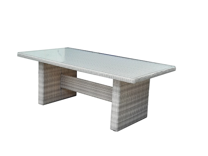 Garden Pleasure Gartenmöbel Set DIJON I, Tisch 200 x 100 + 4 Sessel, Polyrattan Sesamgrau / Glasplatte / Kissen 100 % Polyester Dunkelgrau