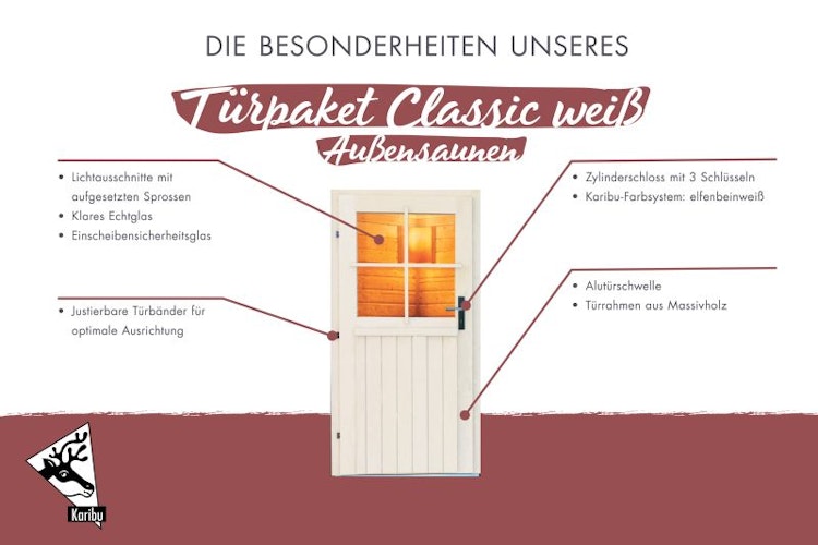 Karibu klassische Türe für Außensauna mit Klarglas-Lichtausschnitten