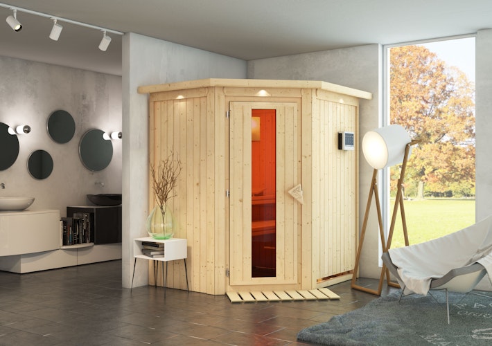 Karibu Sauna Taurin mit Eckeinstieg 68 mm inkl. gratis Sauna-Zubehörset im Wert von 234,94 €