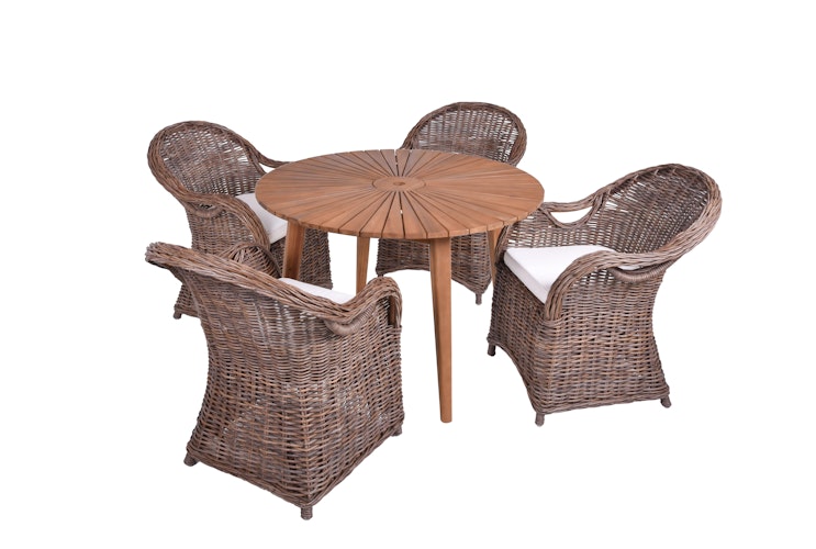 Garden Pleasure Tischgruppe FREMONT / BREST, Tisch Ø 110 + 4 Sessel, Akazie / Kubu Rattan / Kissen 100 % Polyester