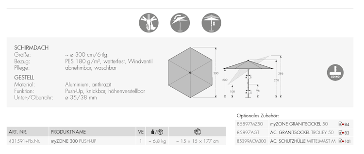 doppler Mittelmastschirm myZONE 300 Push up, Aluminium Anthrazit / 100 % Polyester 180 g/m²