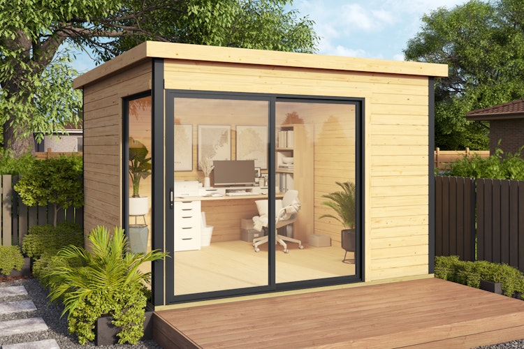 Designhaus 412 Gr. 1 mit Glasschiebetür (Homeoffice-Gartenhaus) - 44 mm