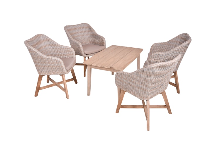 Garden Pleasure Gartenmöbel Set PUEBLO / OAKLAND, Tisch 100 x 60 x 55 + 4 Sessel, Akazie / Polyrattan Zimtbraun / Kissen 100 % Polyester Taupe