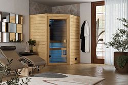 Karibu Sauna Valida  (Eckeinstieg) - 28 mm Massivholz Aktionssauna 230 Volt Plug & Play