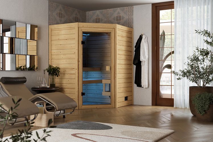 Karibu Sauna Valida  (Eckeinstieg) - 28 mm Massivholz Aktionssauna 230 Volt Plug & Play
