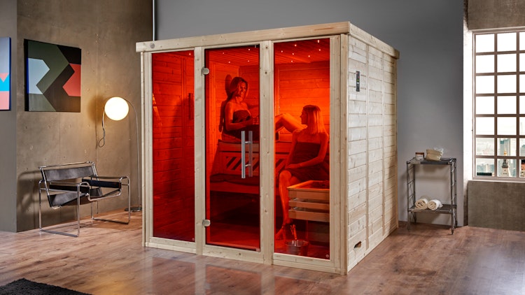 Weka Premium Massivholz-Elementsauna Kemi Panorama 3 mit Glastür+2 Fenster und Sternenhimmel - 45 mm