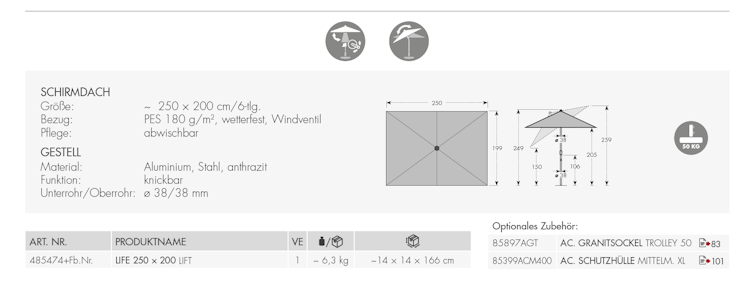 doppler Mittelmastschirm LIFE 250 x 200 Lift, Aluminium Anthrazit / 100 % Polyester 180 g/m²