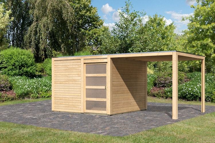 Karibu Gartenhaus Qubic 2 mit Schiebetür und 270 cm Anbaudach - 19 mm