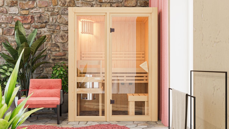 Karibu Sauna Avari 1 Superior mit Fronteinstieg 68 mm - 230 Volt Plug & Play inkl. gratis Sauna-Zubehörset im Wert von 234,94 €