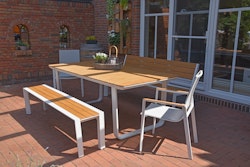Garden Pleasure Gartenmöbel Set VENICE 03, Tisch 200 x 100 + 2 Bänke + 2 Stapelssessel, Alu Weiß / Nonwood Teak-Optik / Kunststoffgewebe Hellgrau