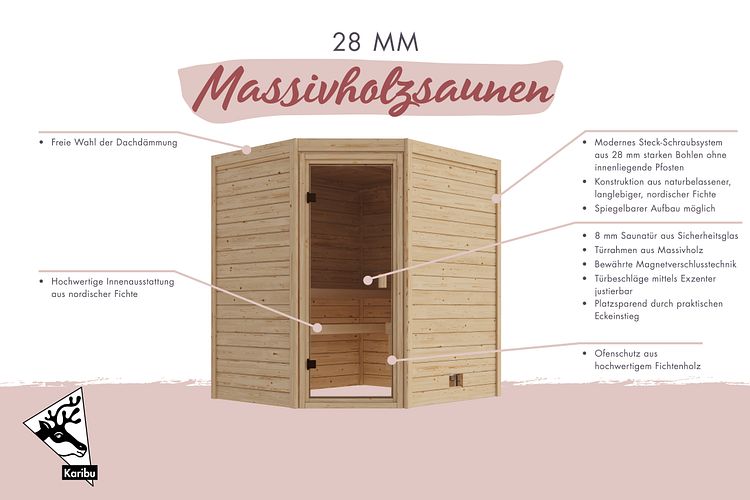 Karibu Sauna Espoo (Eckeinstieg) - 28 mm Massivholz Aktionssauna