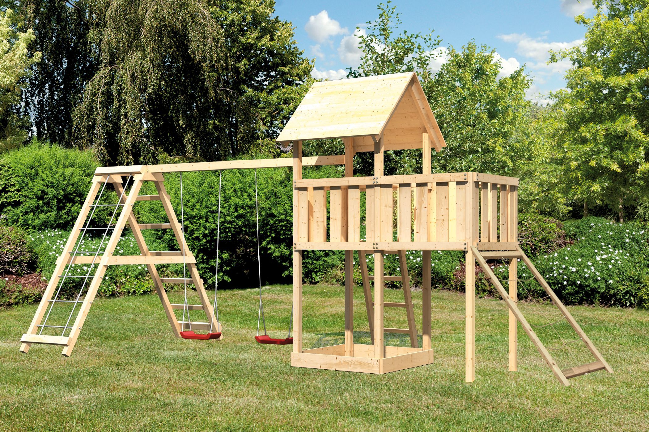 Akubi Kinderspielturm Lotti inkl. Doppelschaukel, Klettergerüst, Anbauplattform und Netzrampe
