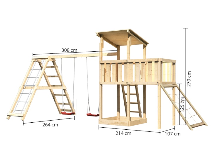 Akubi Kinderspielturm Anna mit Pultdach inkl. Netzrampe, Anbauplattform, Doppelschaukel und Klettergerüst