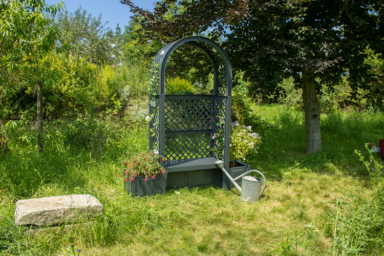 KHW Gartenbank Amsterdam mit Rosenbogen und Spalier