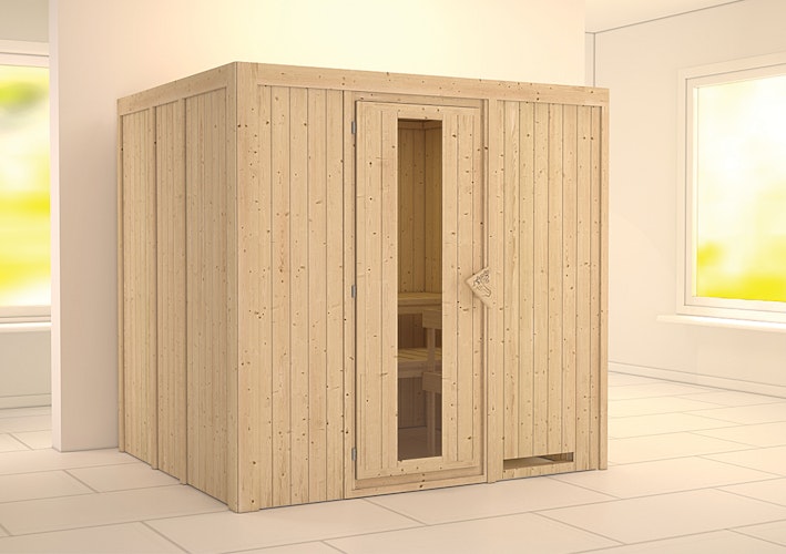 Karibu Sauna Sodin mit Fronteinstieg 68 mm inkl. gratis 9 kW Bio-Saunaofen im Wert von 719 €
