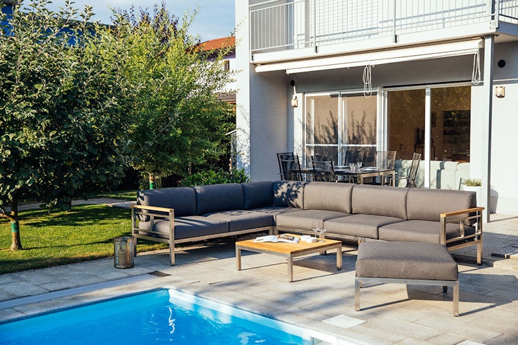 Diamond Garden 2er Loungesofa GOMERA Sun & Rain links, Edelstahl / Tuvatextil (100 % Polyacryl) Schwarz/Silber