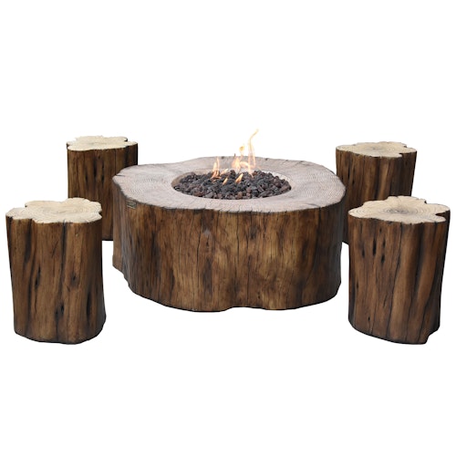 Gardenforma Sitzgruppen -Set: Gas Feuerstelle Manchester aus Faserbeton in Baumstammoptik, redwood & 4x Hocker