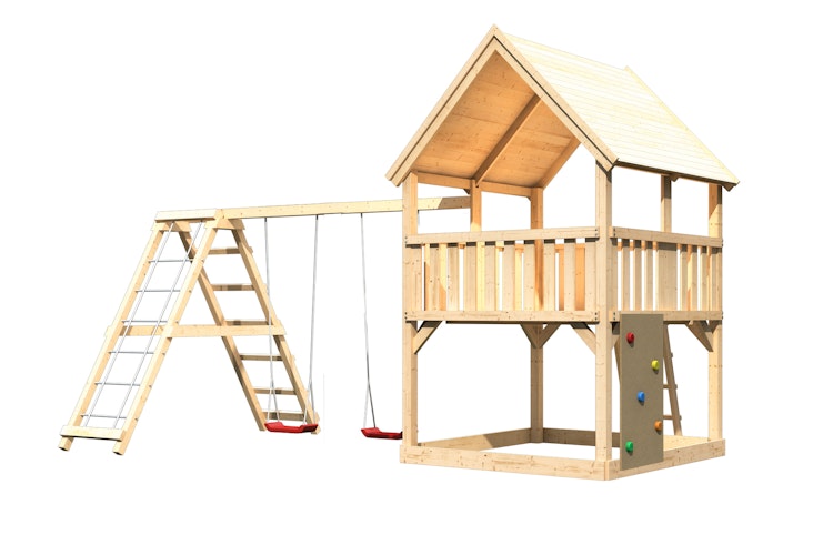 Akubi Kinderspielturm Luis mit Doppelschaukelklettergrüst inkl. Kletterwand
