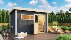 Karibu Saunahaus Skrollan 3 mit Vorraum terragrau (Rechteckfenster) inkl. gratis Saunaofen im Wert von 599,99 €