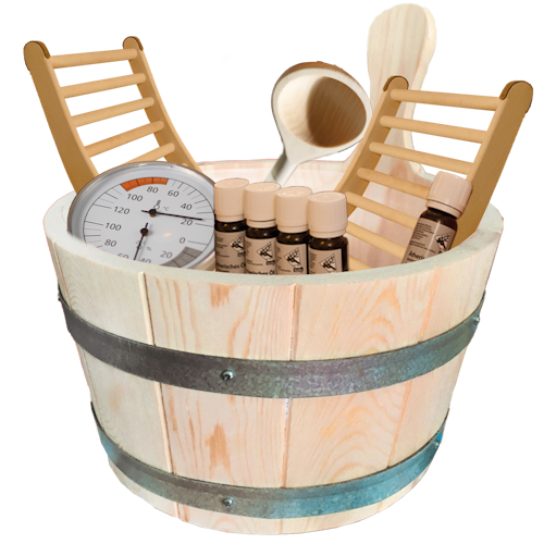 Karibu 10-teiliges Zubehör Aktionsset bestehend aus 1 Schöpfkelle, 1 Klimamesser, 2 Rückenlehnen, 5 ätherischen Ölen, 1 Aufgusskübel