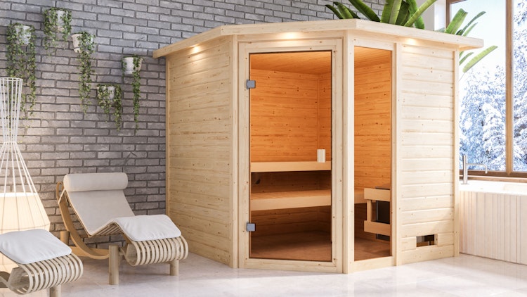 Karibu Woodfeeling Sauna Tabea - 38 mm Massivholz Aktionssauna inkl. gratis Sauna-Zubehörset im Wert von 234,94 €
