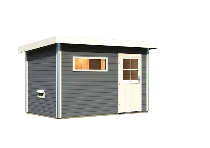 Karibu Gartensauna Pultdach Saunahaus Skrollan 1 mit Vorraum terragrau inkl. gratis Sauna-Zubehörset im Wert von 234,94 €