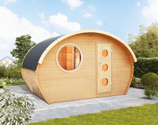 Wolff Finnhaus Saunahaus Steen in Ovalform inkl. schwarzen Dachschindeln