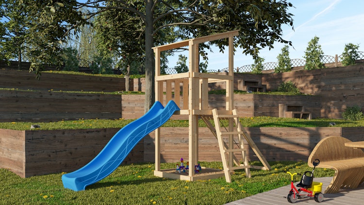 Akubi Kinderspielturm Anna mit Pultdach inkl. Wellenrutsche und Netzrampe