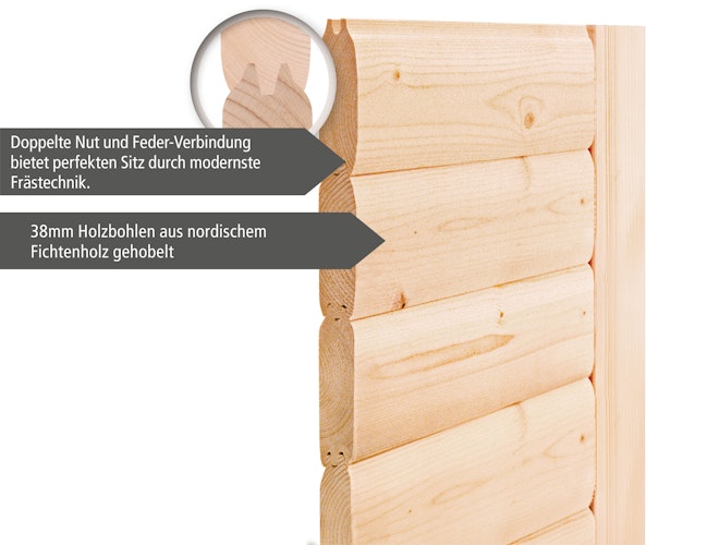 Karibu Woodfeeling Sauna Tabea - 38 mm Massivholz Aktionssauna inkl. gratis Sauna-Zubehörset im Wert von 234,94 €