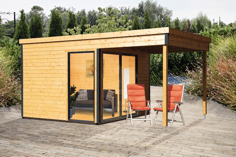 Wolff Finnhaus Gartenhaus Studio 44-B mit Alu-Eckverkleidung/Schiebetür und 200 cm Lounge Anbau (Starletta 5232)