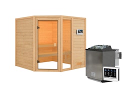 Karibu Woodfeeling Sauna Tabea - 38 mm Bronzierte Ganzglastür Ohne Dachkranz 9 kW Bio-Kombiofen inkl. Steuergerät inkl. gratis Saunaofen im Wert von 599,99 €