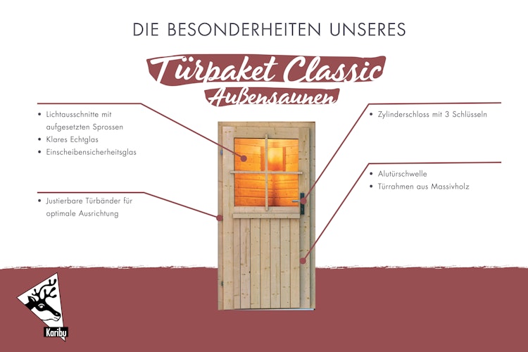 Karibu klassische Türe für Außensauna mit Klarglas-Lichtausschnitten