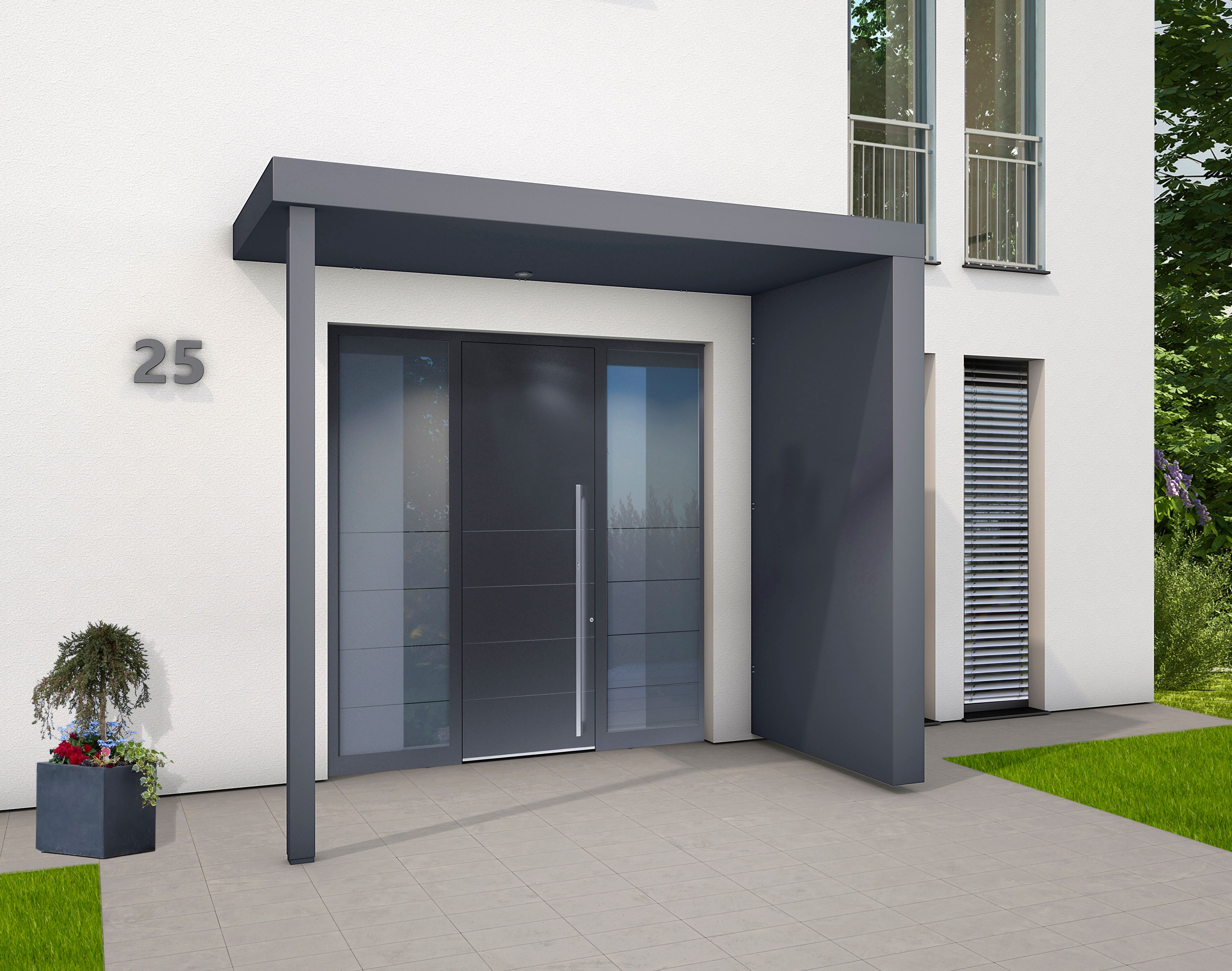Gutta Rechteckvordach BS Plus XL 250 Sondermaß & Sonderfarbe mit Pfosten und Seitenteil (neues Modell)