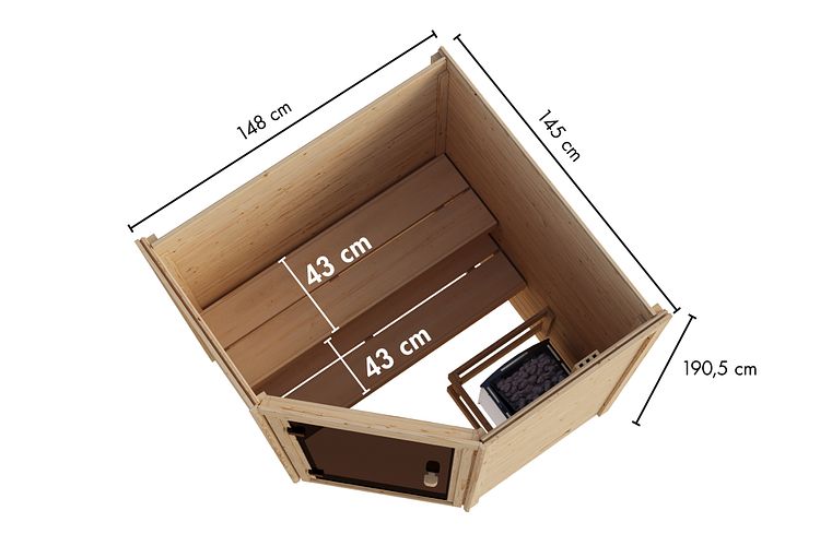 Karibu Sauna Valida  (Eckeinstieg) - 28 mm Massivholz Aktionssauna 230 Volt Plug & Play