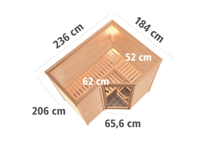 Karibu Sauna Sahib 2-Massivholzsauna 38 mm -Eckeinstieg - Exklusivoptik inkl. gratis Sauna-Zubehörset im Wert von 234,94 €